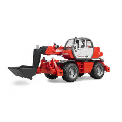 Red Bruder Manitou MRT 2150 toy telehandler with extendable arm and black bucket attachment on white background.