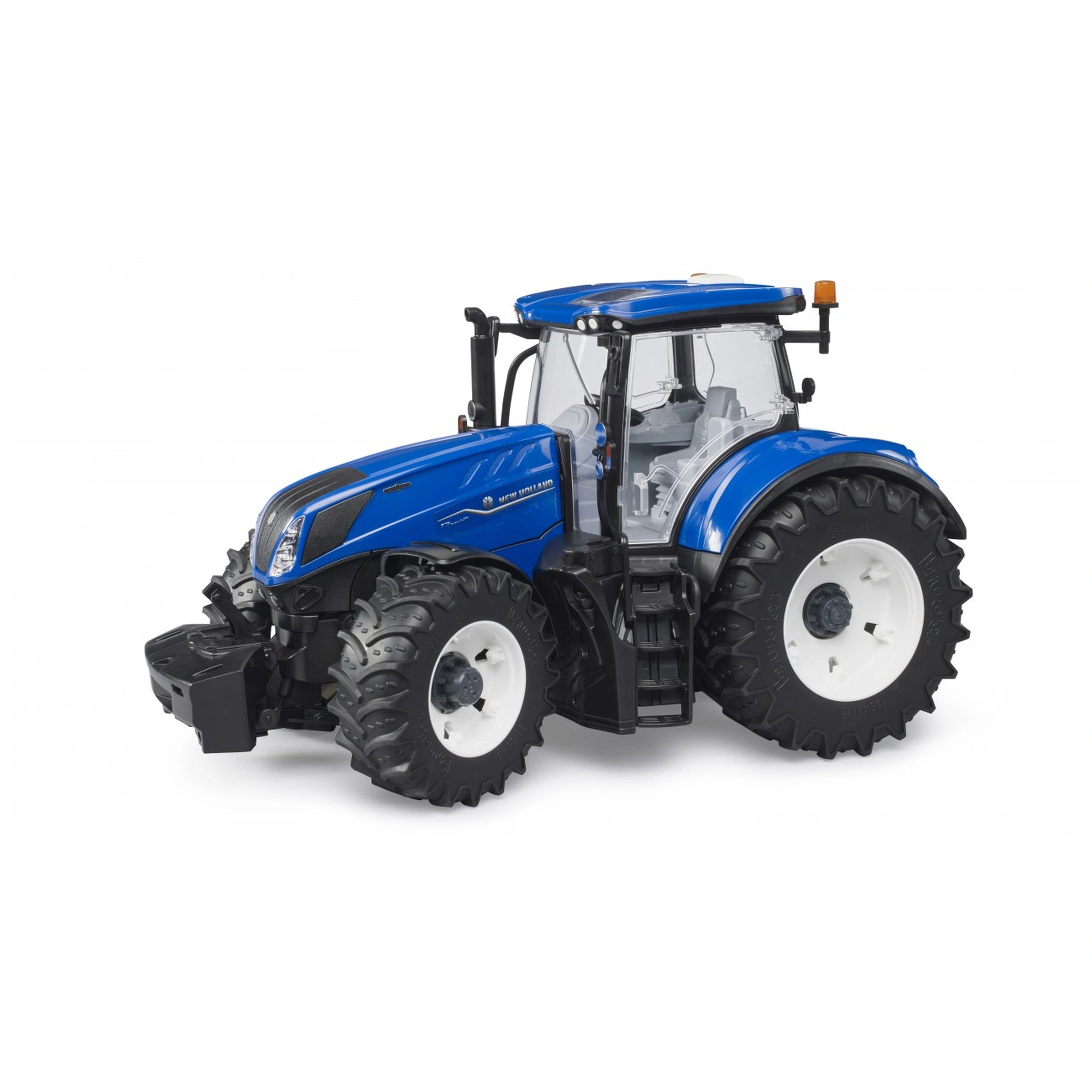 Blue New Holland T7 315 toy tractor with large black tires, clear cab, side view.