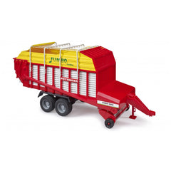 Red and yellow toy forage trailer with white detailing, labeled "Jumbo 6600 Pottinger"; dual wheels and realistic design.