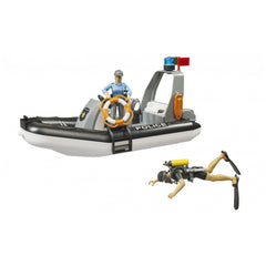 Police toy boat with an officer figure steering and a diver figure with scuba gear swimming nearby.