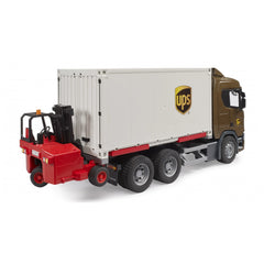 Brown UPS Scania truck toy with white container and red forklift attached, featuring realistic design elements.