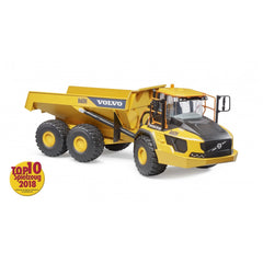 Yellow Bruder Volvo Hauler A60H toy with six large black tires, articulated steering, and a 2018 Top 10 Toy award badge.