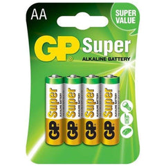 Pack of four GP Super Alkaline AA batteries in eco-friendly packaging, with green and yellow branding.