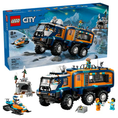 LEGO Arctic Explorer Science Lab Truck set featuring a detailed orange and blue truck, snowmobile, and arctic scene with figures and accessories.