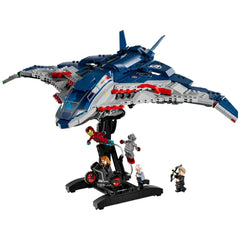 LEGO Quinjet from Avengers: Age of Ultron featuring intricate details, standing on a display stand with Iron Man, Black Widow, and other minifigures.