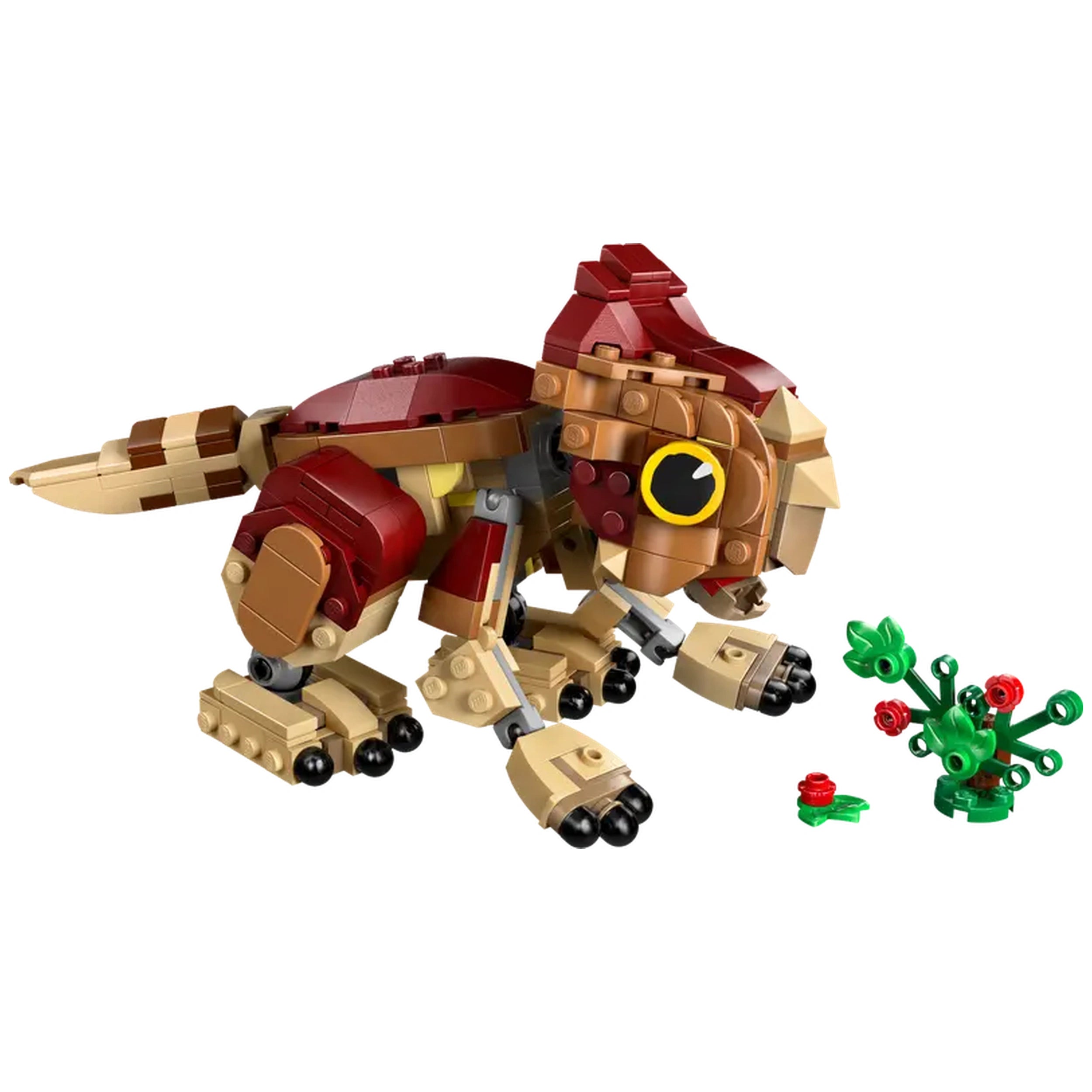 LEGO Baby Dinosaur Dolores, a brick-built Aquilops figure in red, brown, and tan, poses beside a colorful plant with flowers.