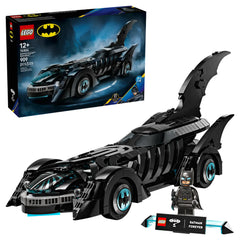 LEGO Batman Forever Batmobile set featuring a sleek black car with iconic bat-like wings and a Batman minifigure with a display stand.
