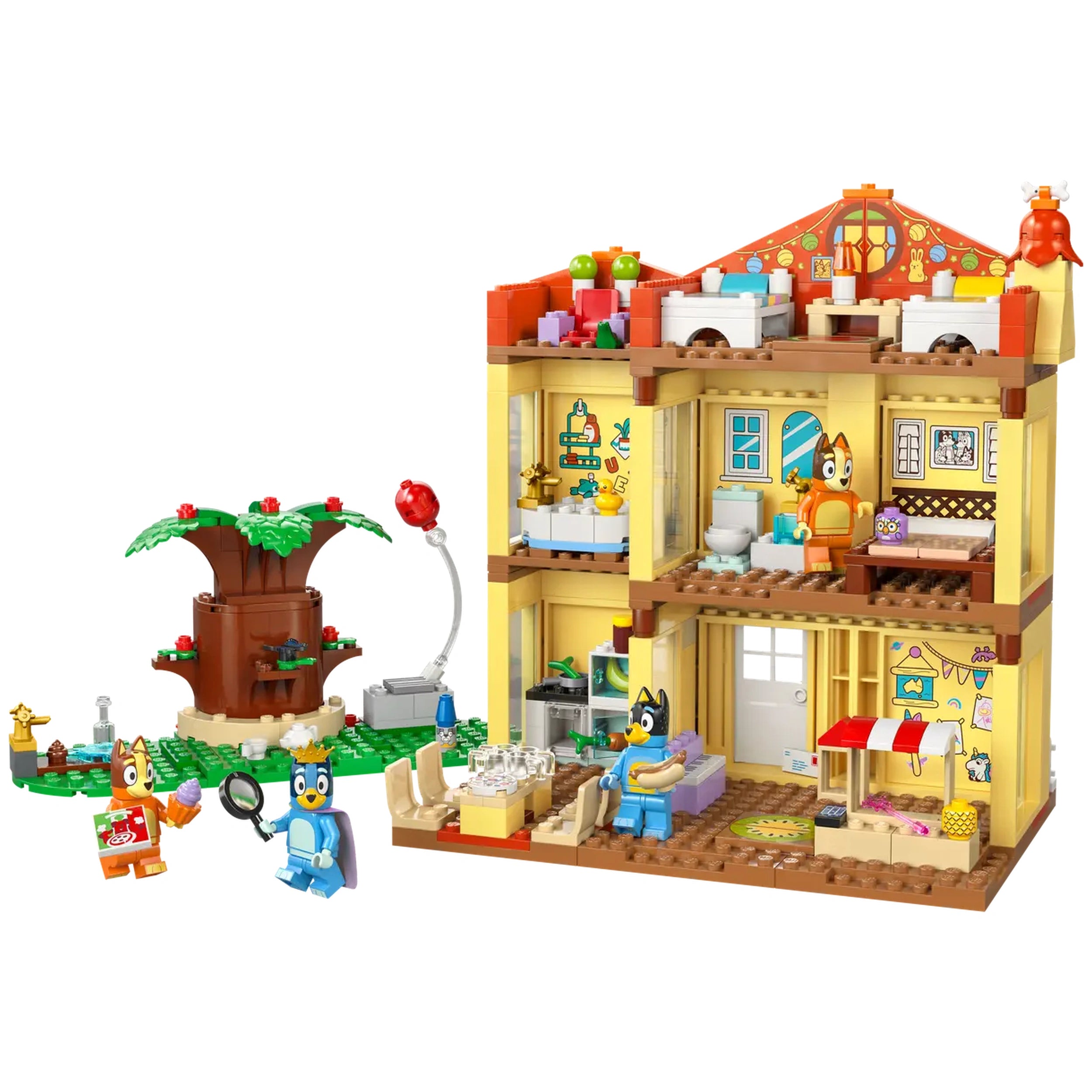 LEGO Bluey’s Family House playset featuring a detailed multi-room house, colorful accessories, and four character minifigures.