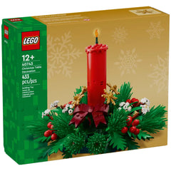 LEGO Christmas Table Decoration set featuring a tall red candle surrounded by green foliage, golden stars, and red berries.