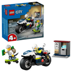LEGO City Police Motorcycle Chase set featuring a police officer on a motorbike, a crook on a skateboard, and a mock ATM.