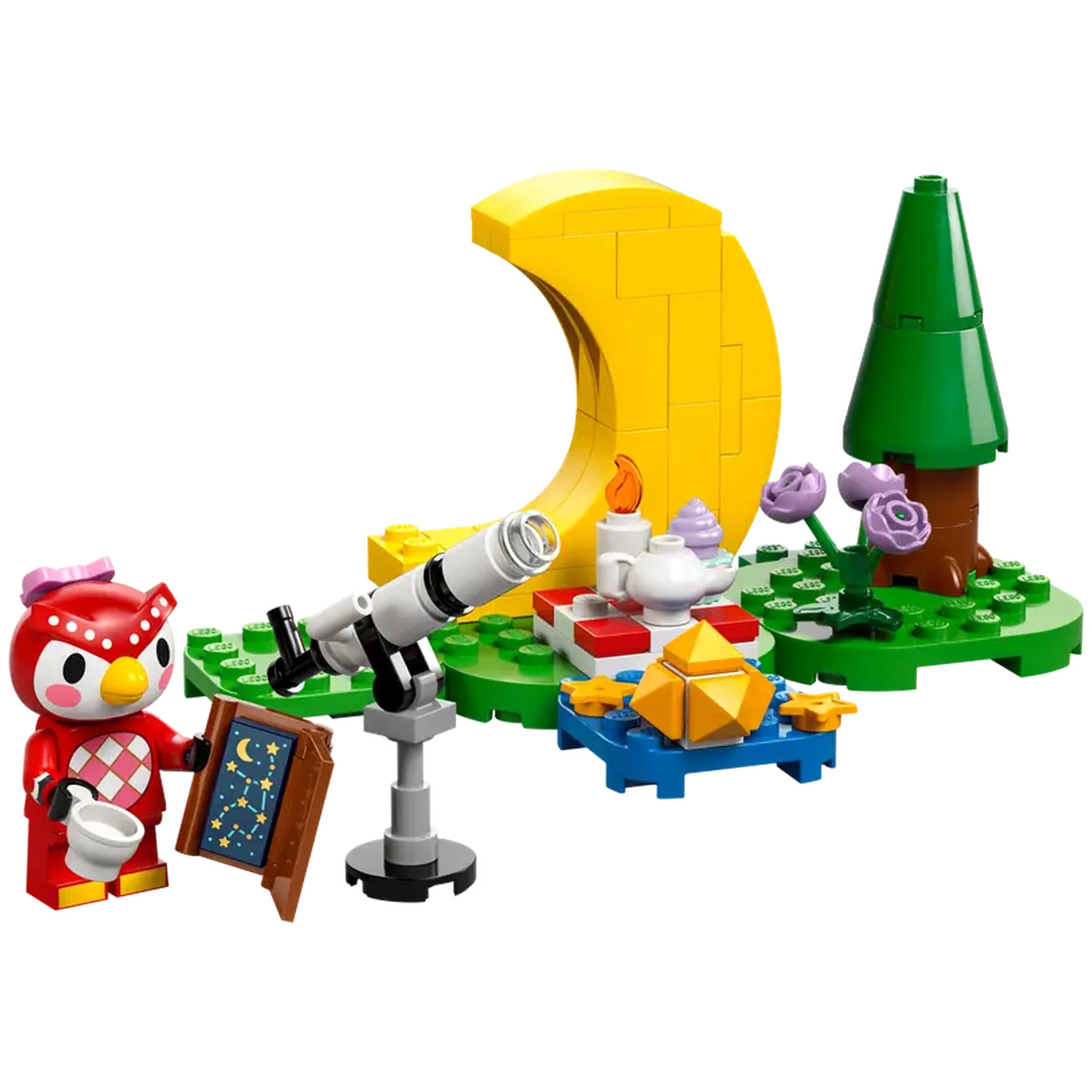 Celeste the owl minifigure stands beside a telescope on a green base, featuring a yellow crescent moon, a small brown tree, and colorful flowers.