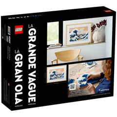 LEGO® Art Hokusai - The Great Wave construction set packaging with images of assembled art, pieces spread out on a table, and a cozy room setting.