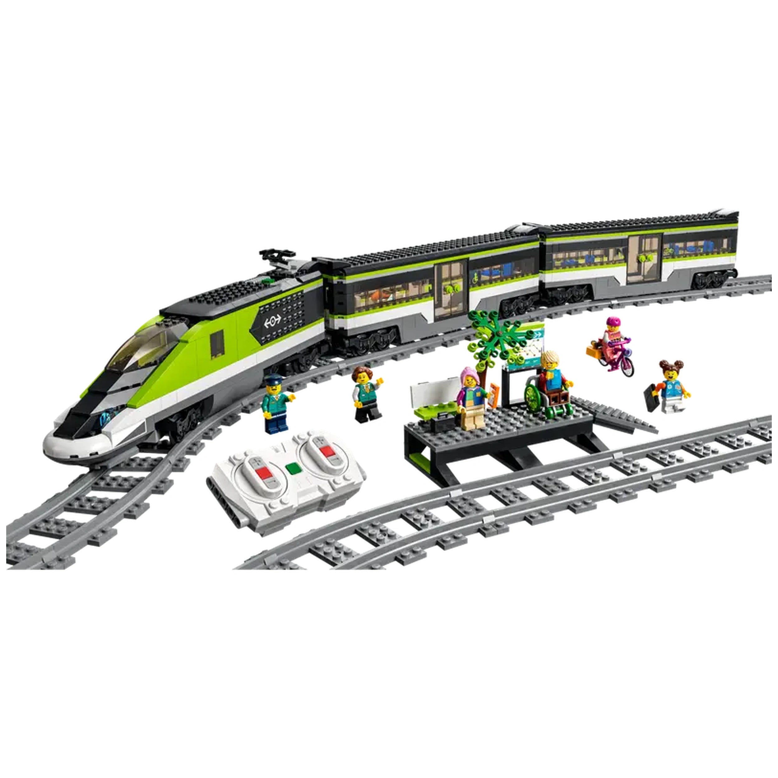 LEGO City Express Passenger Train set with a sleek green and gray locomotive, two minifigures, remote controls, and a waiting area with a tree.
