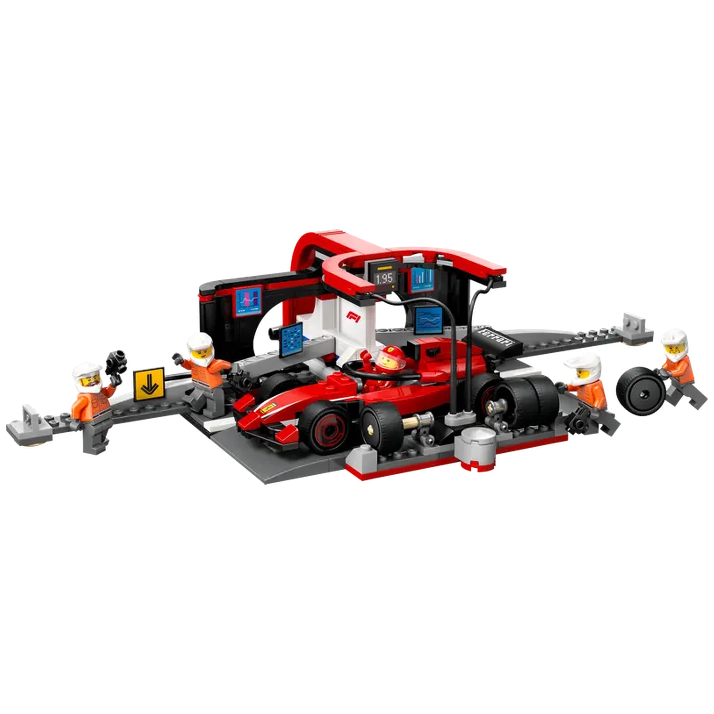 LEGO® City F1® Pit Stop set featuring a red Ferrari race car, four orange-clad pit crew minifigures, and a detailed pit stop scene with tools and screens, designed for imaginative play.
