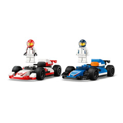 Two LEGO® race car models in red and white, and blue and black, each with a driver minifigure standing on top, showcasing iconic F1 designs.