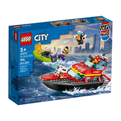 LEGO City Fire Rescue Boat set, featuring a red fireboat, a green dinghy, and three minifigures amidst an ocean backdrop.