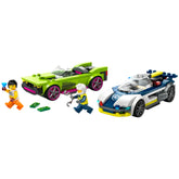 Bright green muscle car with pink accents parked beside a sleek blue and white police car. A boy holds a blue gem while running, and a police officer in white gear wields a wrench near a stack of money.