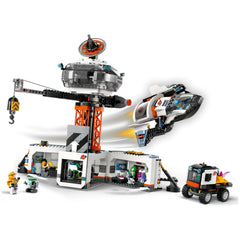 LEGO City Space Base and Rocket Launchpad set featuring a detailed control room, 360° crane, spaceship launching, and construction vehicle.