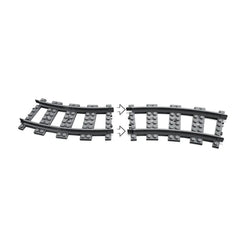 Curved LEGO® train tracks in gray, featuring a right-facing and left-facing switch track. The pieces connect seamlessly to expand existing layouts.