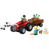 Bright red LEGO® City tractor with detachable trailer, farmer and daughter minifigures, two sheep, a puppy, and carrots.