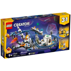 Colorful LEGO® Creator 3in1 Space Roller Coaster set featuring intricate track, dynamic carts, rocket, planets, and five minifigures.