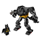 Lego Batman Mech Armor construction set featuring a large gray mech with jointed limbs and a Batman minifigure beside it.