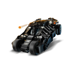 Black LEGO replica of the iconic Tumbler Batmobile, featuring intricate details, wide tires, and a flame element projecting from the tailpipe.
