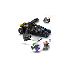 LEGO Batman Tumbler with Batman, The Joker, and Two-Face figures, showcasing intricate details, flame effects, and dynamic action poses.