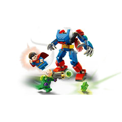 Superman in a blue suit with a red cape flies towards a colorful LEGO mech, while Lex Luthor in green aims a stud shooter.