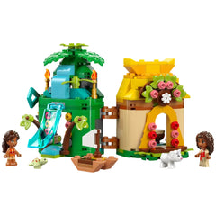 LEGO® Disney Moana's Island Fun set featuring a green island structure with a waterfall slide, a cozy yellow house adorned with flowers, and two micro-doll figures of Moana and her sister, along with a white pig figure.