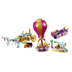 LEGO Disney Princess Enchanted Journey set displaying a colorful hot-air balloon, a golden carriage, mini-doll figures, and a unicorn, inviting imaginative play.