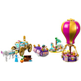 Three buildable travel modes from the LEGO® | Disney Princess Enchanted Journey set: a carriage pulled by a white horse, a purple flying carpet with mini-doll figures, and a colorful hot-air balloon. Accessories include treasure chests and playful animals.