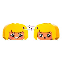 Two LEGO® DUPLO® character heads with interchangeable facial expressions, one showing anger and the other happiness, against a white background.