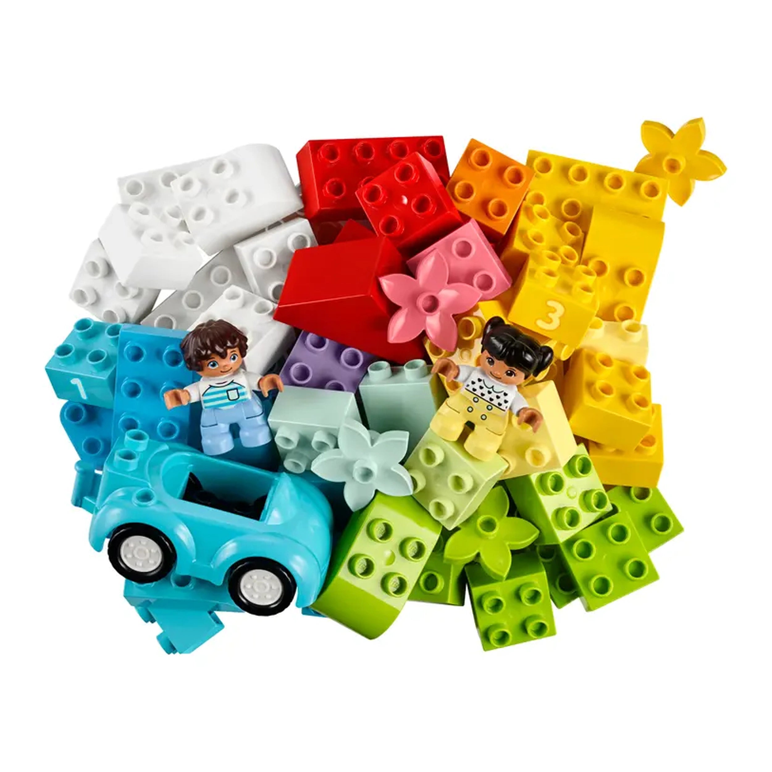 Colorful assortment of LEGO® DUPLO® bricks including red, yellow, and green pieces, with two figures and a blue car.