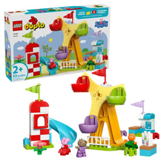 LEGO® DUPLO® Peppa Pig Funfair construction set with colorful pieces, featuring Peppa Pig, Candy Cat, and Danny Dog by a Ferris wheel and slide.