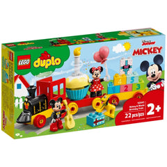 Colorful LEGO® DUPLO® construction set featuring Mickey and Minnie Mouse on a birthday train with a cupcake, balloons, and educational number blocks.