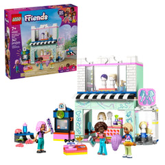 LEGO® Friends Hair Salon and Accessories Store set featuring a colorful two-story hair salon. Includes three mini-dolls: Nova, Aliya, and Faraji. The salon showcases styling chairs, toy hair dryers, and various wigs, inviting creative play.
