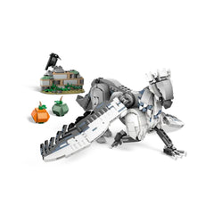 LEGO Harry Potter Buckbeak construction set featuring a detailed, posable Hippogriff with large wings, accompanied by a small scene from Hagrid's yard, including two pumpkins.