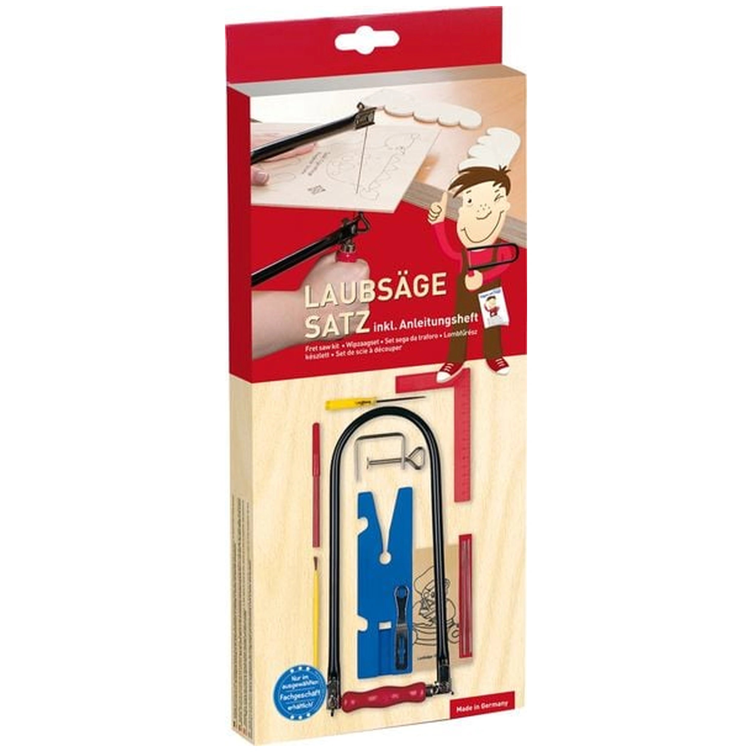 Pebaro Fretwork Kit packaging with fretsaw frame, blades, and tools on a wooden background.