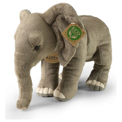 Exclusive eco-friendly plush elephant toy with floppy ears, a long trunk, and a tag featuring a green leaf symbol.