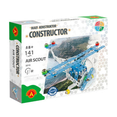 Constructor Air Plane set box with metal blue and white model parts shown; suitable for ages 8+, 141 pieces.
