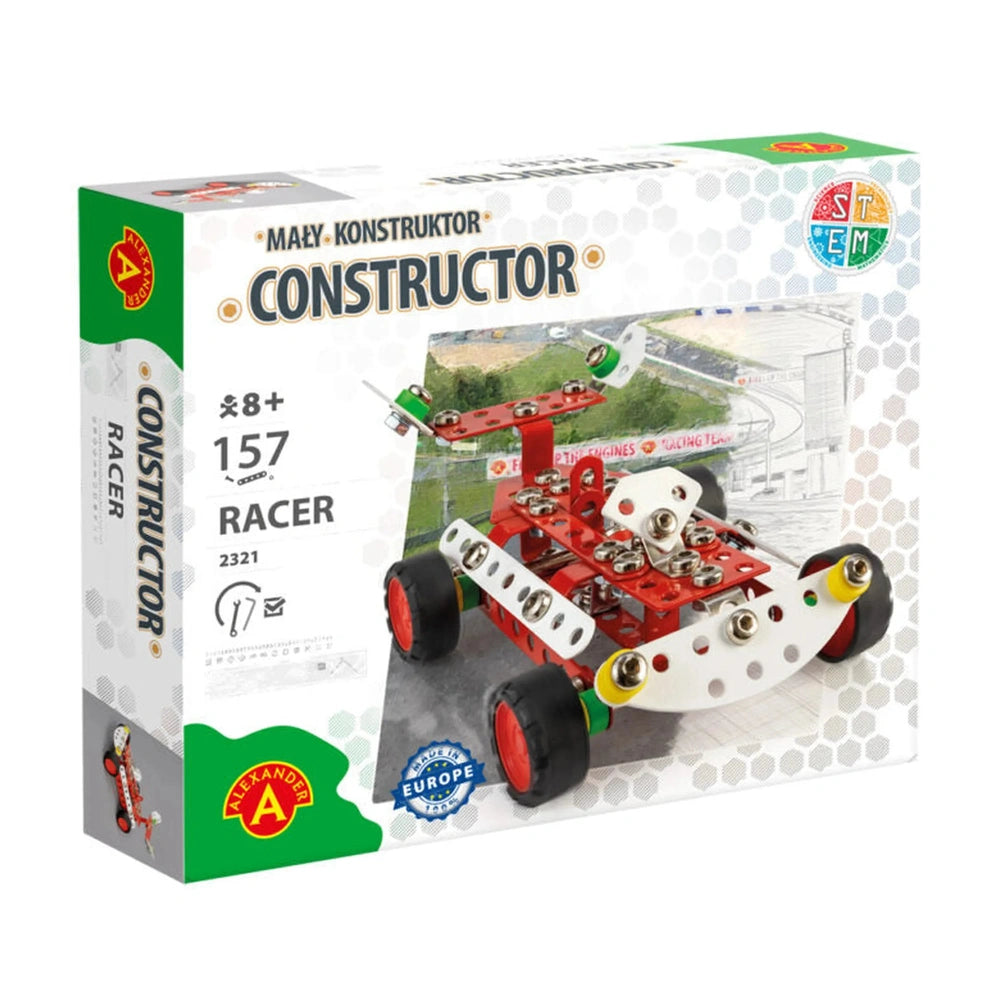 Constructor Racer Construction Set box featuring a red and white model car with black wheels, suitable for ages 8+.