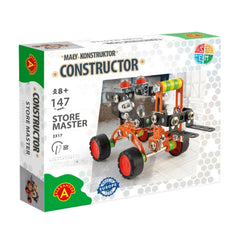 Alexander Maly Constructor Forklift set box, featuring an orange, black, and metal model with 147 parts for ages 8+.