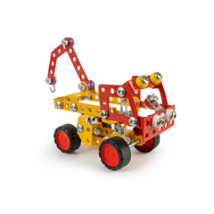 Colorful metal and plastic tow truck model with red and yellow parts, wheels, and a hook, part of Alexander's Maly Constructor set.