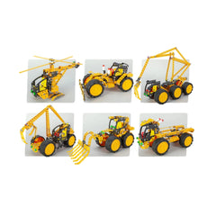 Six assembled construction vehicles including a helicopter, loader, and bulldozer in yellow and black from the Alexander series.