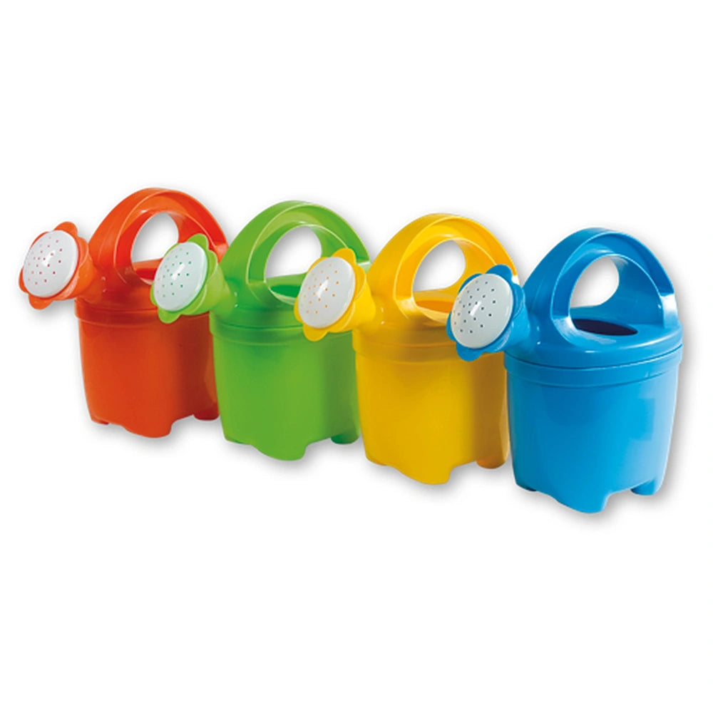 Colorful Androni watering cans in blue, yellow, green, and orange, perfect for children's beach and garden play.