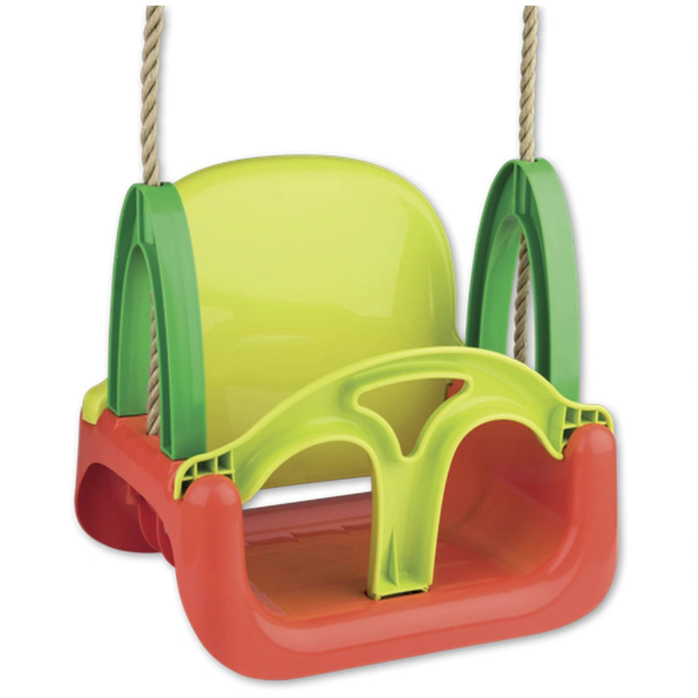 Vibrant 3-in-1 swing with a green backrest, red seat, and yellow safety frame, designed for children’s outdoor play.