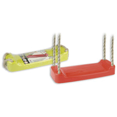 Red swing seat with four ropes next to its yellow packaged version, designed for outdoor play.