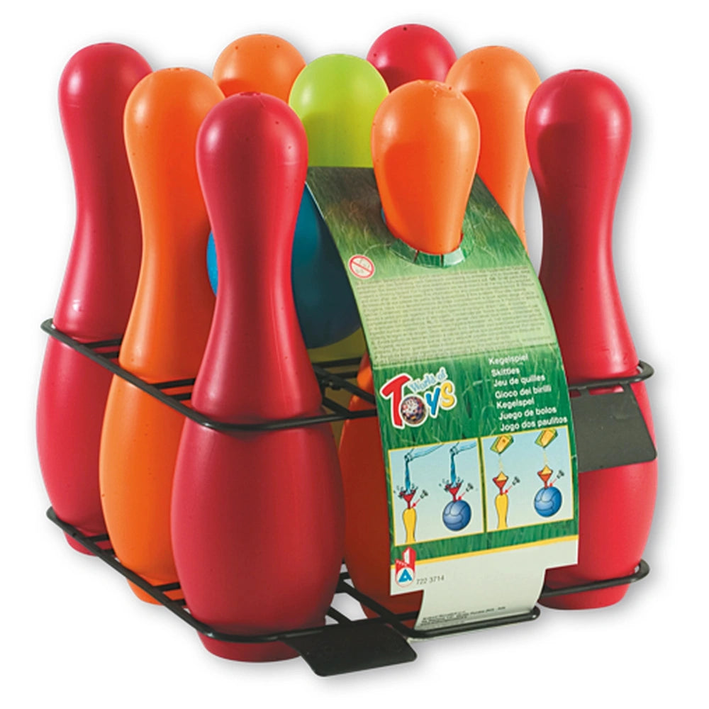 Colorful Androni bowling set with nine pins and packaging, ideal for beach and sand play, stored in a black rack.