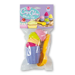 Colorful cupcake and ice cream sand molds with scoop in packaged set, labeled "Cup Cake Beach Set".